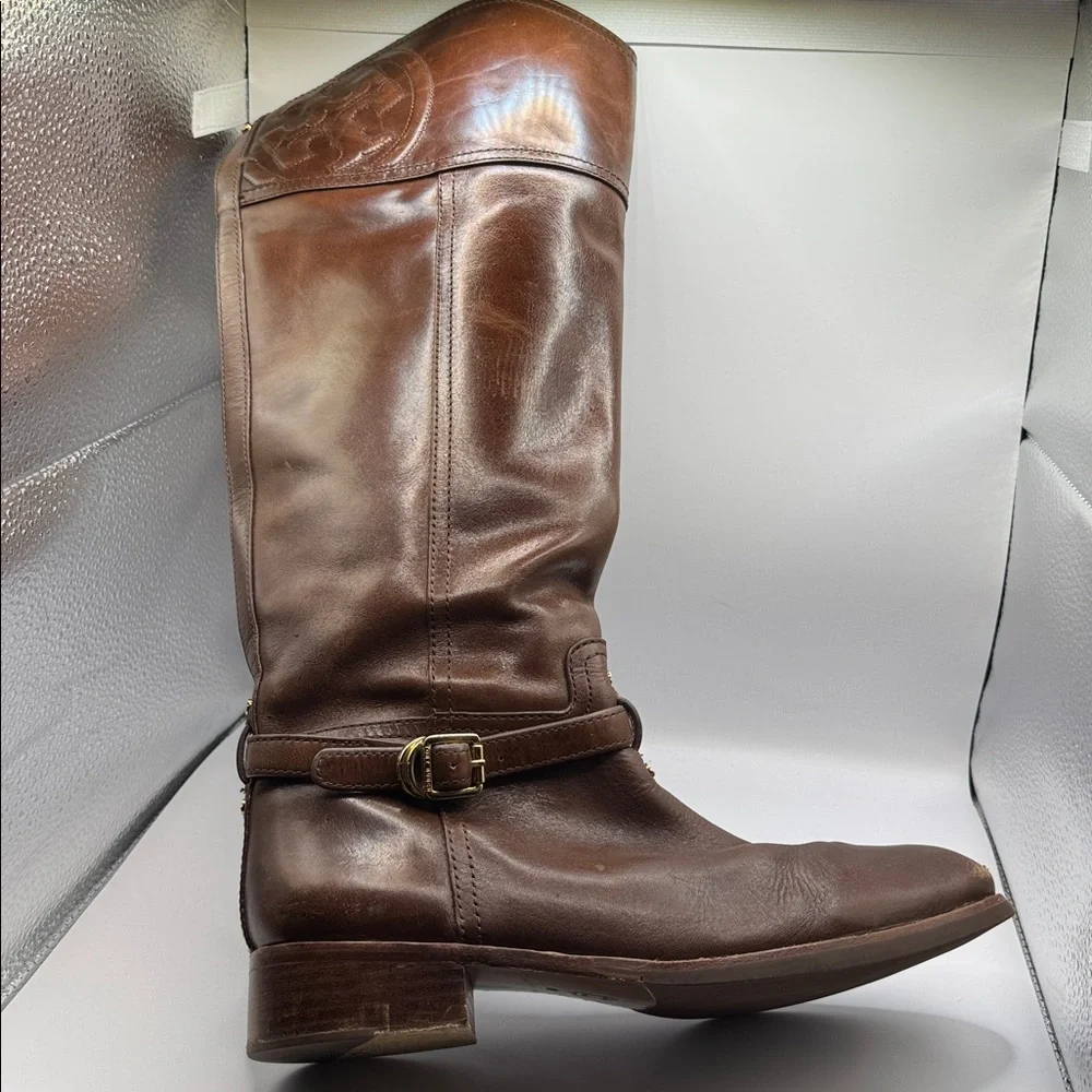 Tory Burch Marlene Riding Boots Brown Leather 9M Gold Buckle Equestrian Tall